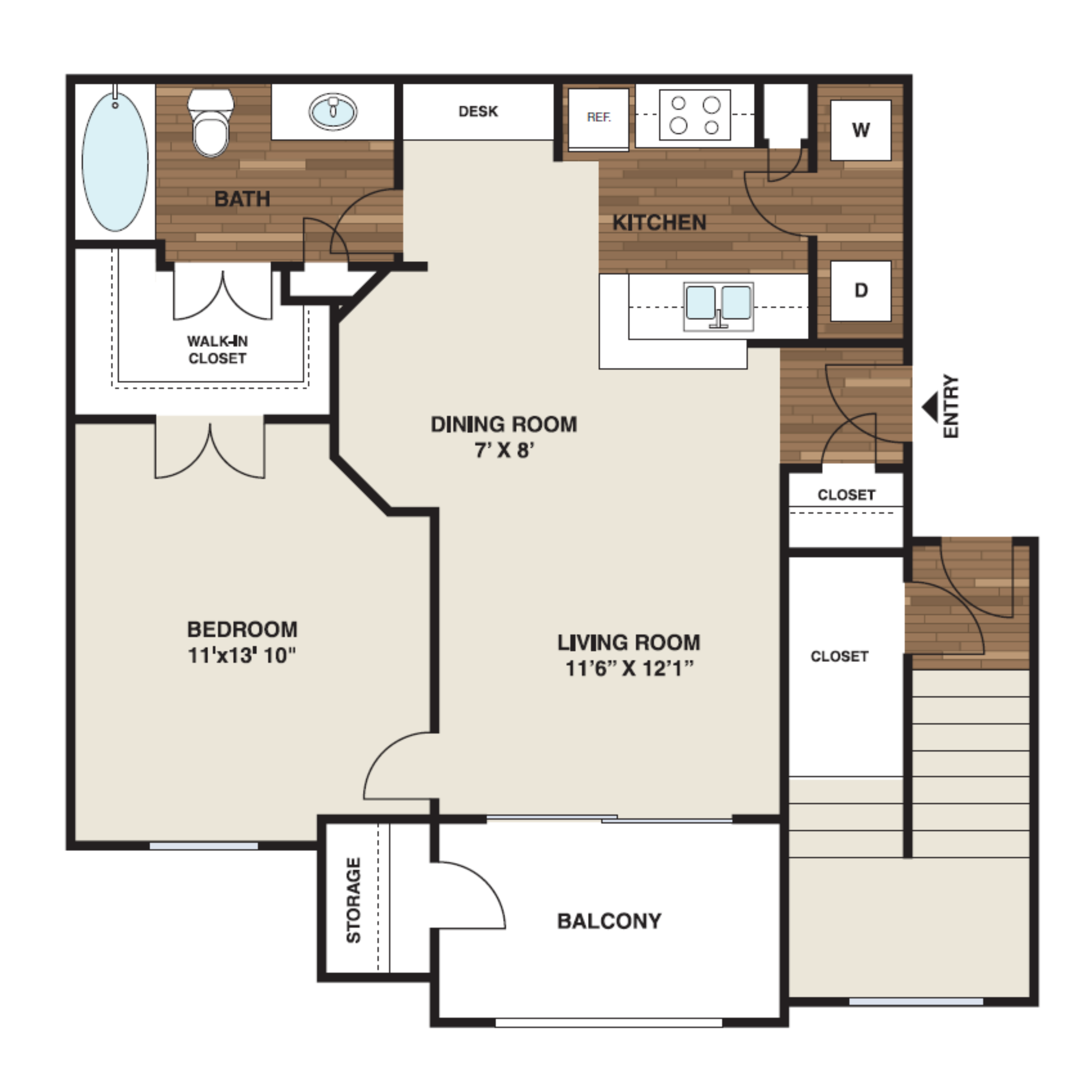 Floor plan for 1 bed, 1 bath, 659 sqft